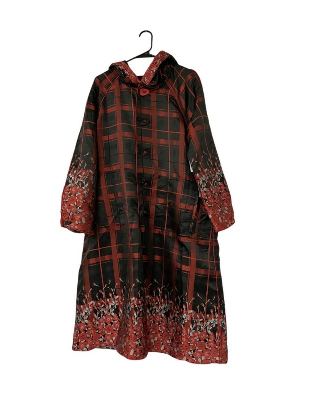 UBU Womens Reversible Plaid Jacket Coat Raincoat Small Red Floral Hooded NWT